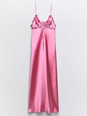 Zara Pink Satin Slip Dress with Ruffle Bust